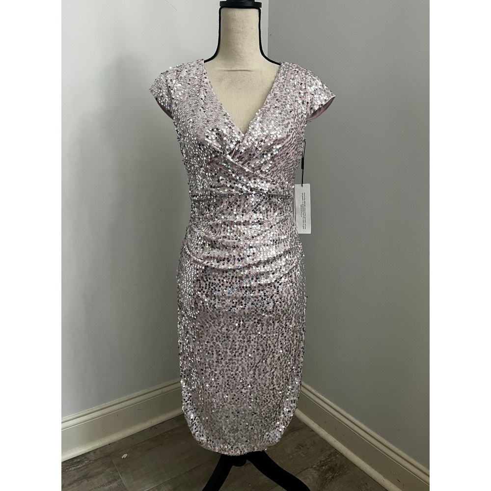Pink Sequin Midi Dress size 2 V-Neck Sheath Party Wedding Guest Glam Prom NWT